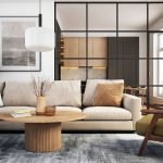Space limiting designs Living room 3d render with beige and green colored furniture and wooden elements